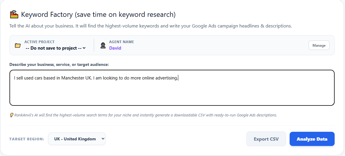 Keyword Factory Descriptive Input