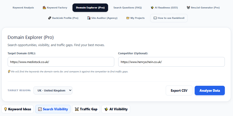 Search Visibility Interface Inputs