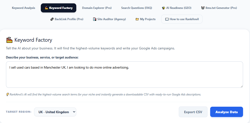 Keyword Factory Descriptive Input