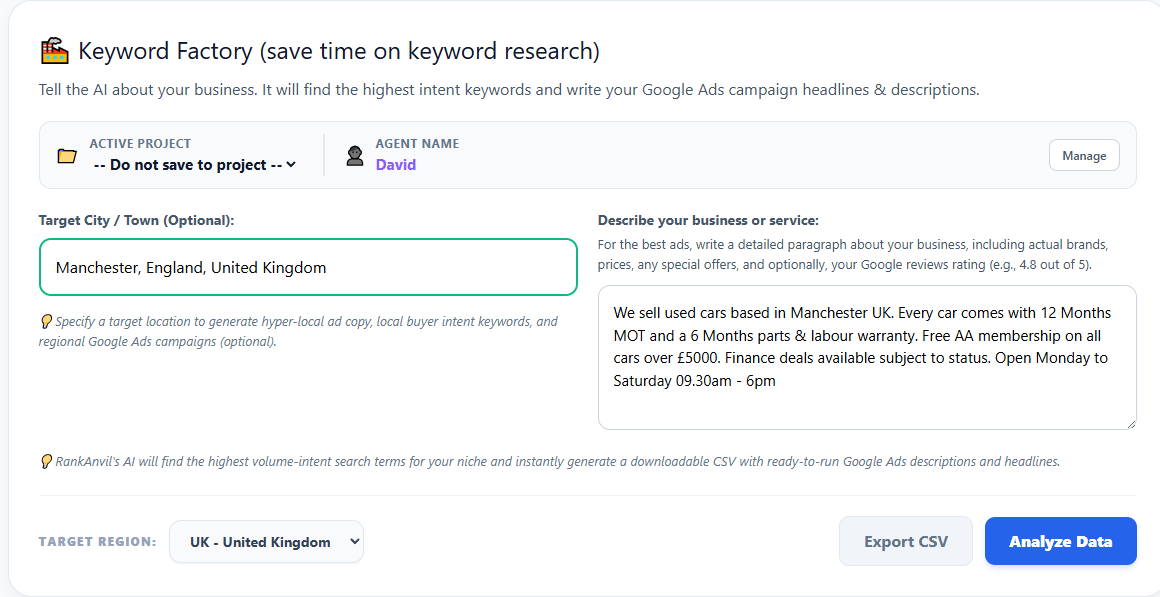 Keyword Factory Target City and Descriptive Input